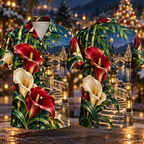 Digital mockup: front and back of one AlohaVero Christmas Ruby Calla Ivory Star Emerald Bamboo Sapphire Snowy Lantern River Terrace No Pocket Hawaiian shirt