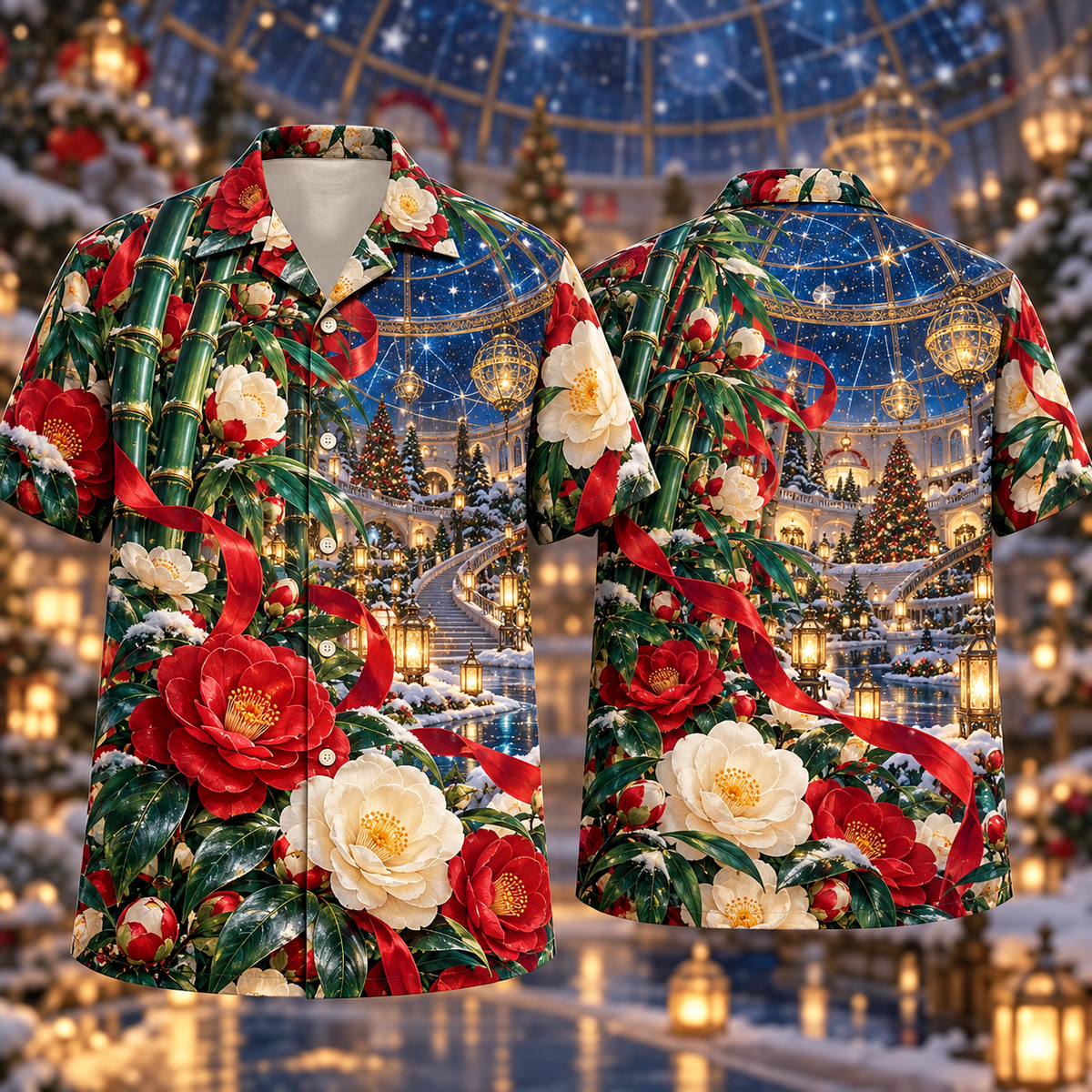 Digital mockup: front and back of one AlohaVero Christmas Ruby Camellia Ivory Ribbon Emerald Bamboo Sapphire Snowy Lantern Planetarium No Pocket Hawaiian shirt
