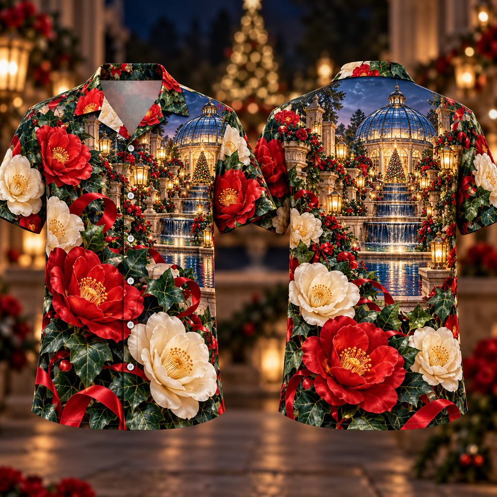 Digital mockup: front and back of one AlohaVero Christmas Ruby Camellia Ivory Ribbon Emerald Holly Sapphire Lantern Tiered Watercourt No Pocket Hawaiian shirt