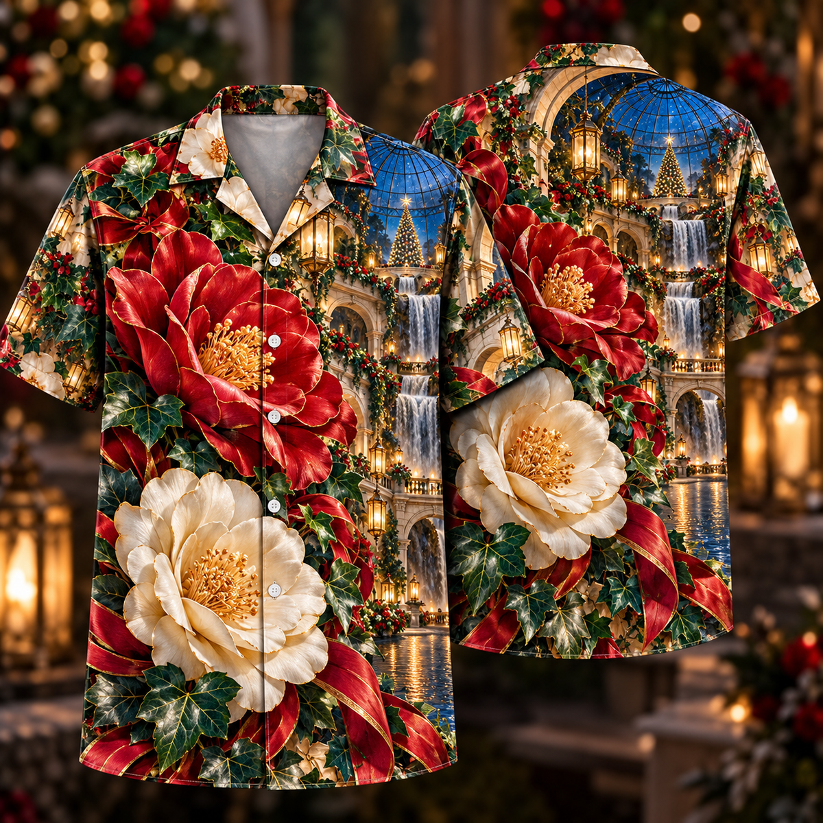 Digital mockup: front and back of one AlohaVero Christmas Ruby Camellia Ivory Ribbon Emerald Ivy Sapphire Lantern Cascade Crescent Arcade No Pocket Hawaiian shirt