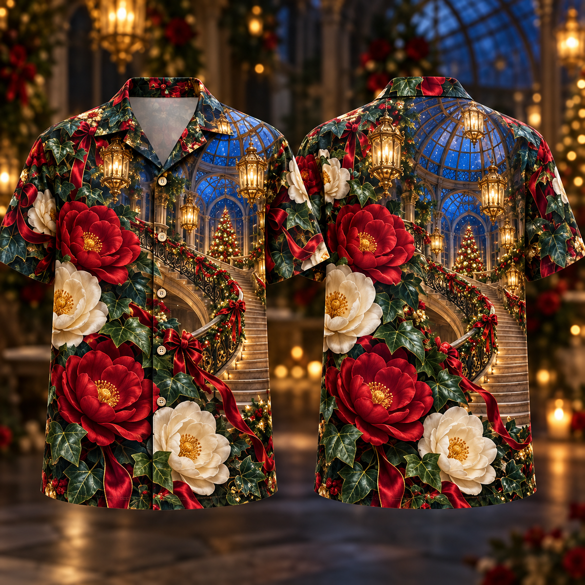 Digital mockup: front and back of one AlohaVero Christmas Ruby Camellia Ivory Ribbon Emerald Ivy Sapphire Lantern Spiral Conservatory No Pocket Hawaiian shirt