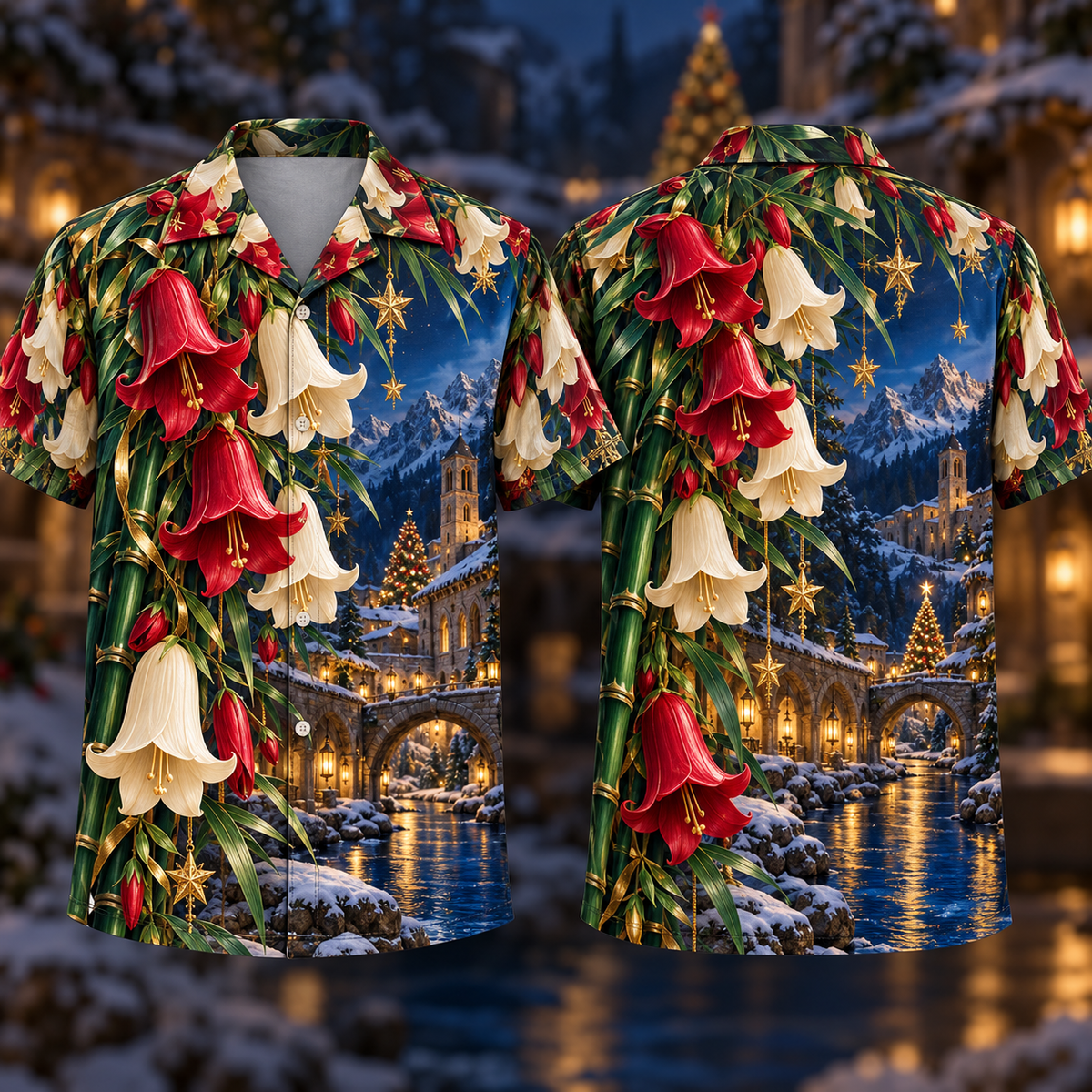 Digital mockup: front and back of one AlohaVero Christmas Ruby Campanula Ivory Star Emerald Bamboo Sapphire Snowy Lantern Riverside Abbey No Pocket Hawaiian shirt