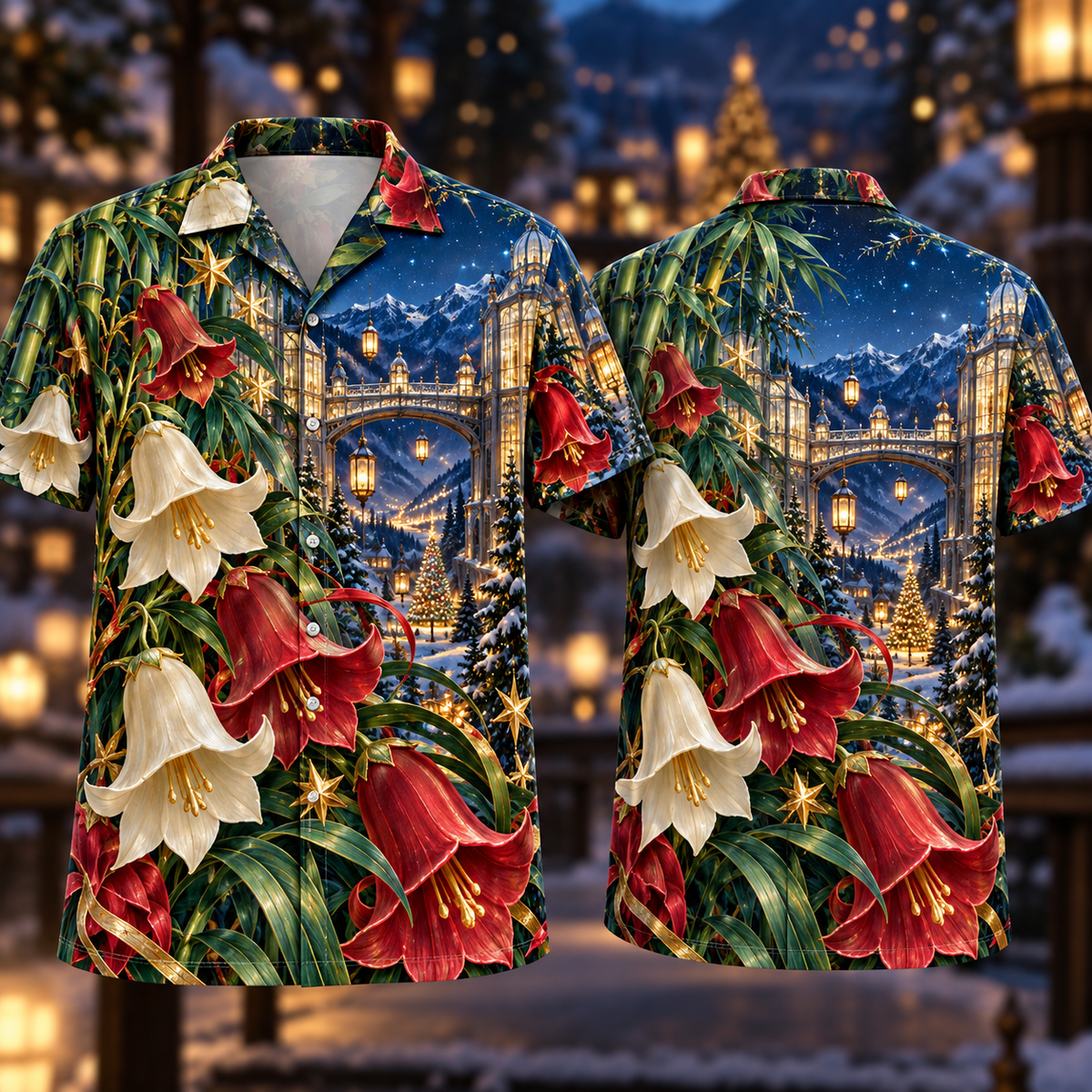 Digital mockup: front and back of one AlohaVero Christmas Ruby Campanula Ivory Star Emerald Bamboo Sapphire Snowy Lantern Sky Bridge No Pocket Hawaiian shirt