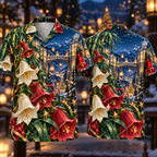 Digital mockup: front and back of one AlohaVero Christmas Ruby Campanula Ivory Star Emerald Bamboo Sapphire Snowy Lantern Sky Bridge No Pocket Hawaiian shirt