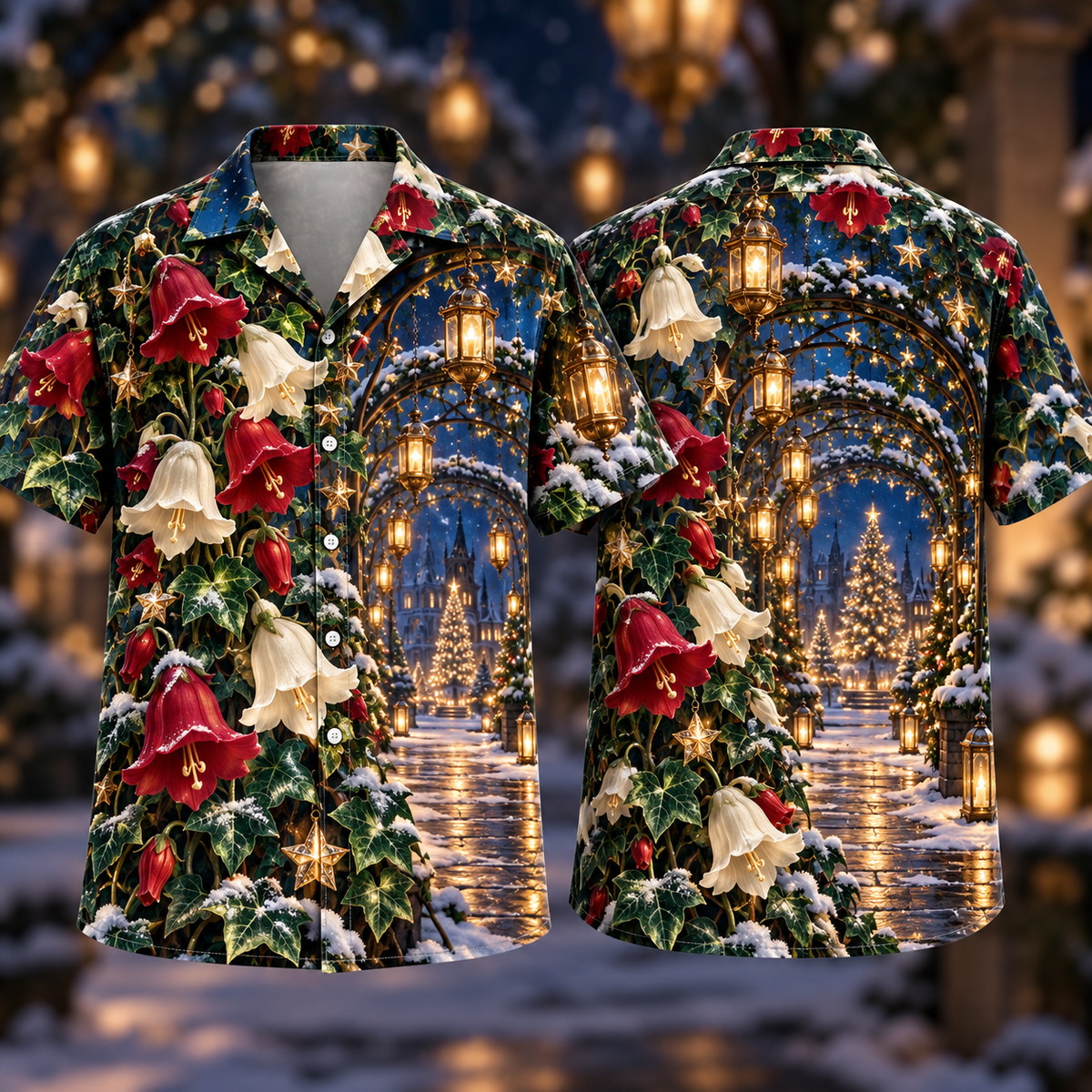 Digital mockup: front and back of one AlohaVero Christmas Ruby Campanula Ivory Star Emerald Ivy Sapphire Snowy Lantern Tunnel No Pocket Hawaiian shirt