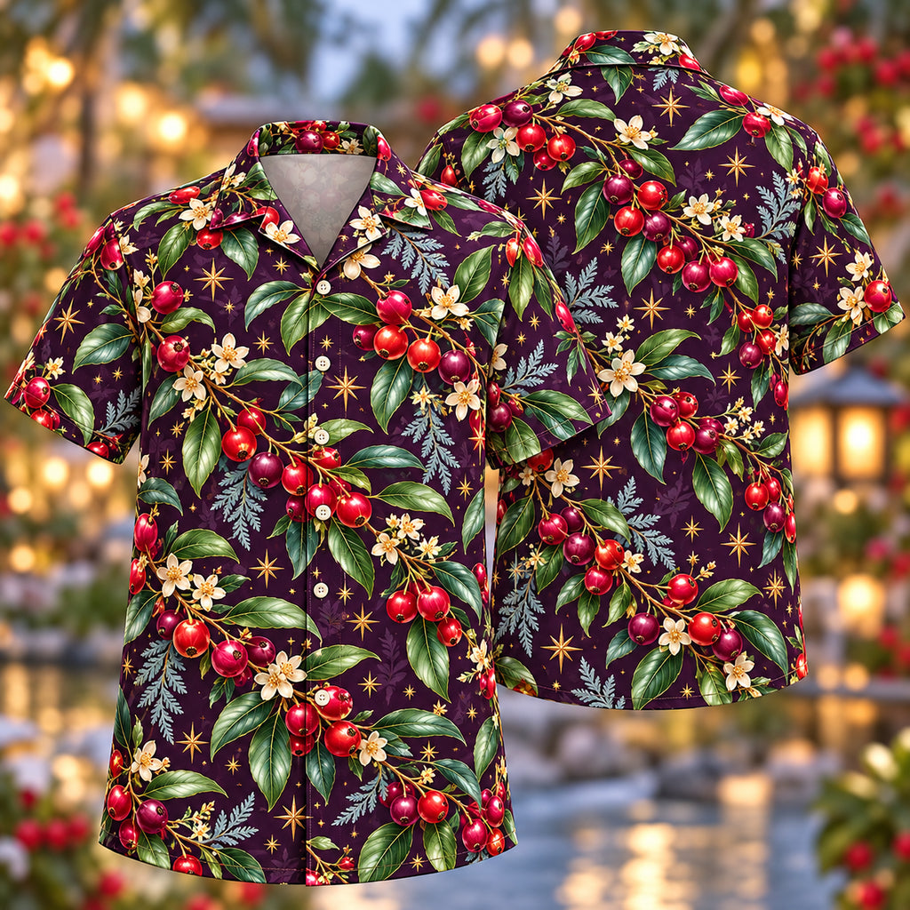 Digital mockup: front and back of one AlohaVero Christmas Ruby Camu Camu Plum Aloha No Pocket Hawaiian shirt