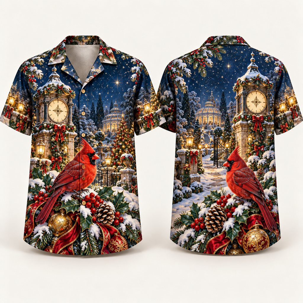 Digital mockup: front and back of one AlohaVero Christmas Ruby Cardinal Frosted Clocktower Garden No Pocket Hawaiian shirt