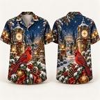 Digital mockup: front and back of one AlohaVero Christmas Ruby Cardinal Frosted Clocktower Garden No Pocket Hawaiian shirt