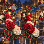 Digital mockup: front and back of one AlohaVero Christmas Ruby Carnation Ivory Ribbon Emerald Ivy Sapphire Lantern Canal Rotunda No Pocket Hawaiian shirt