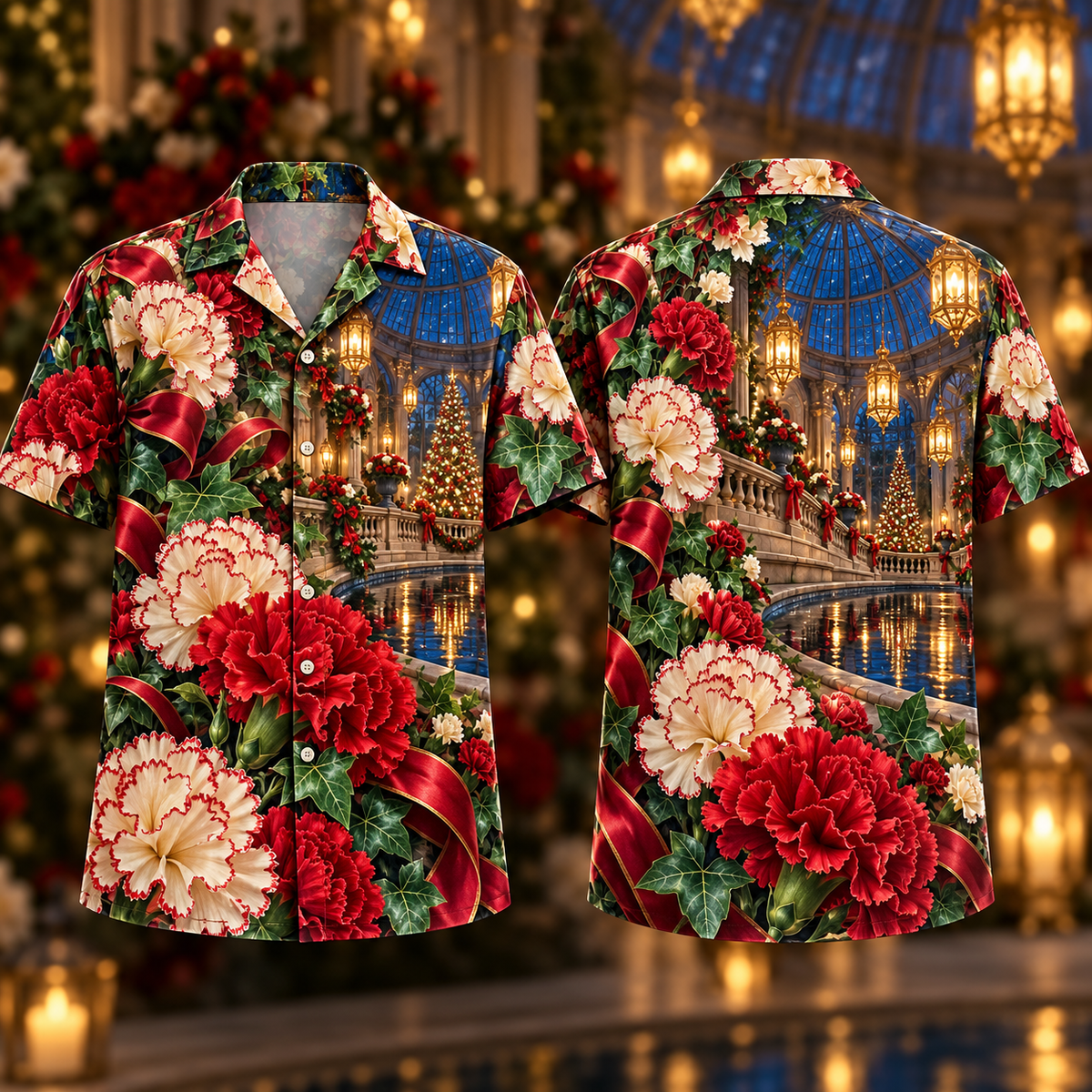 Digital mockup: front and back of one AlohaVero Christmas Ruby Carnation Ivory Ribbon Emerald Ivy Sapphire Lantern Crescent Conservatory No Pocket Hawaiian shirt