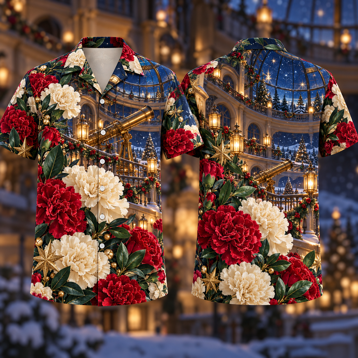 Digital mockup: front and back of one AlohaVero Christmas Ruby Carnation Ivory Star Emerald Laurel Sapphire Observatory No Pocket Hawaiian shirt