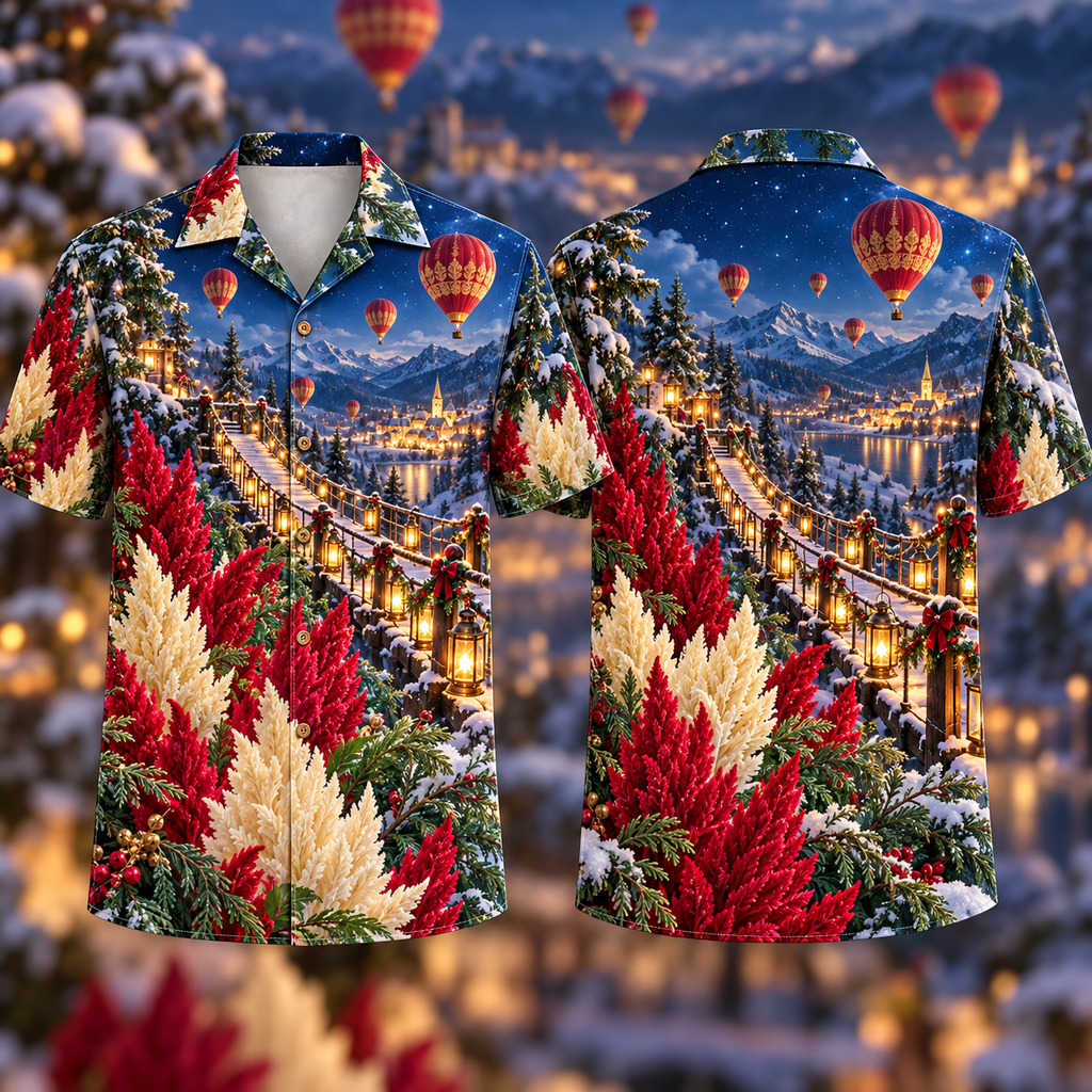 Digital mockup: front and back of one AlohaVero Christmas Ruby Celosia Ivory Star Emerald Cedar Sapphire Snowy Balloon Valley No Pocket Hawaiian shirt