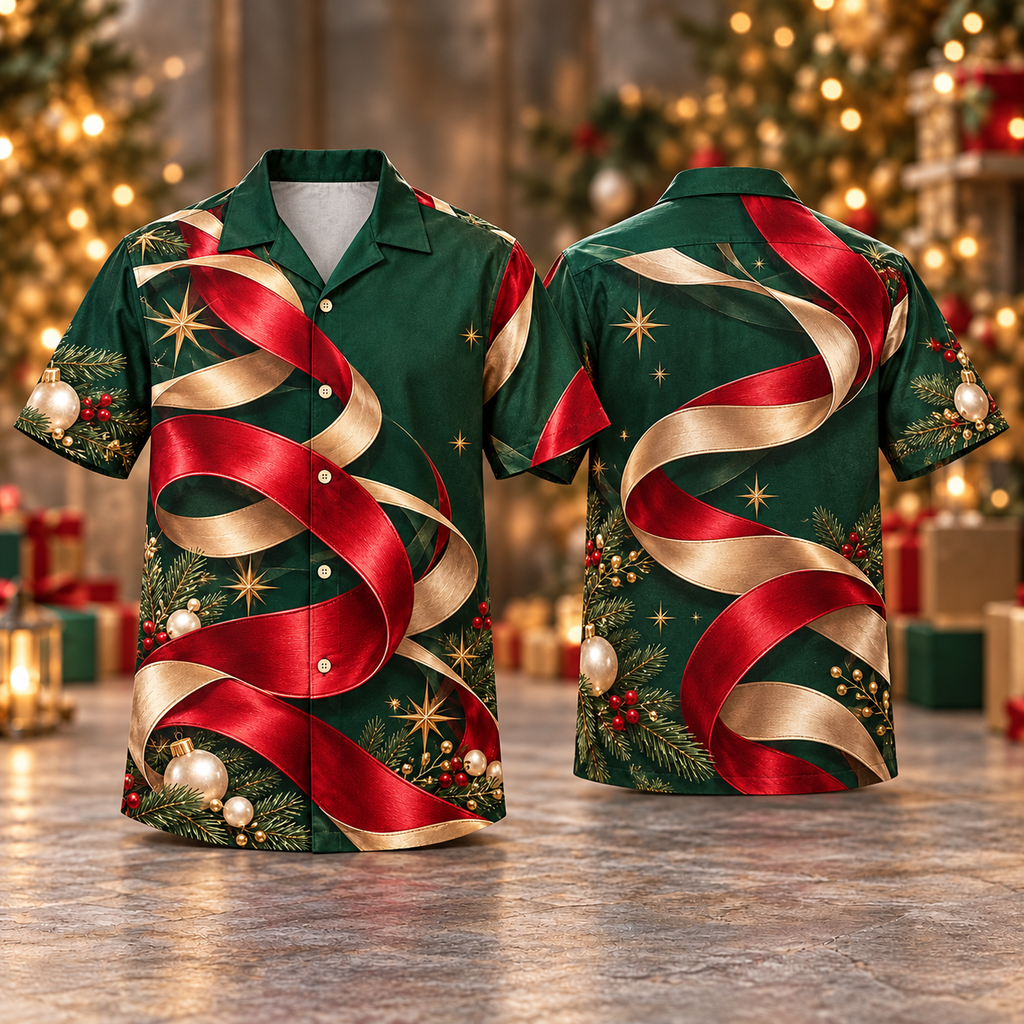 Digital mockup: front and back of one AlohaVero Christmas Ruby Champagne Ribbon Spiral No Pocket Hawaiian shirt