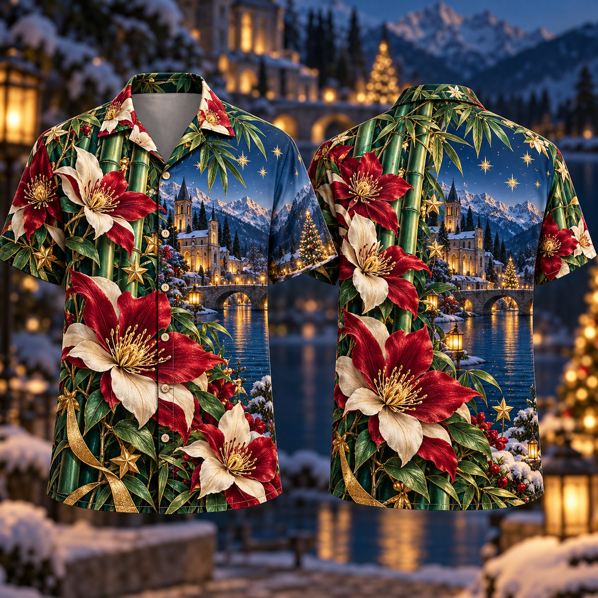 Digital mockup: front and back of one AlohaVero Christmas Ruby Clematis Ivory Star Emerald Bamboo Sapphire Snowy Lantern Lakeside Abbey No Pocket Hawaiian shirt