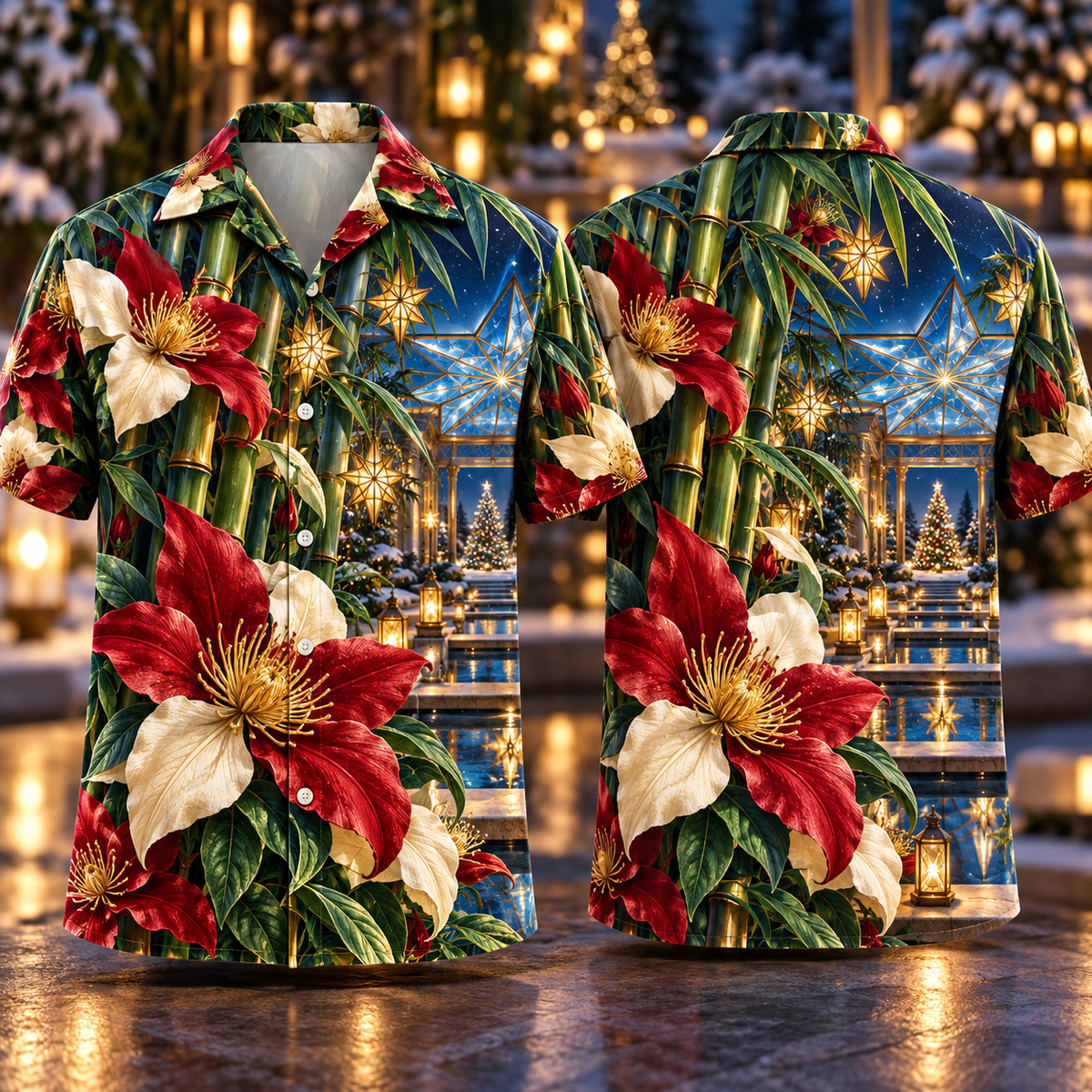 Digital mockup: front and back of one AlohaVero Christmas Ruby Clematis Ivory Star Emerald Bamboo Sapphire Snowy Lantern Star Pavilion No Pocket Hawaiian shirt
