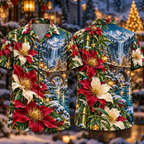 Digital mockup: front and back of one AlohaVero Christmas Ruby Clematis Ivory Star Emerald Bamboo Sapphire Snowy Lantern Waterfall Bridge No Pocket Hawaiian shirt