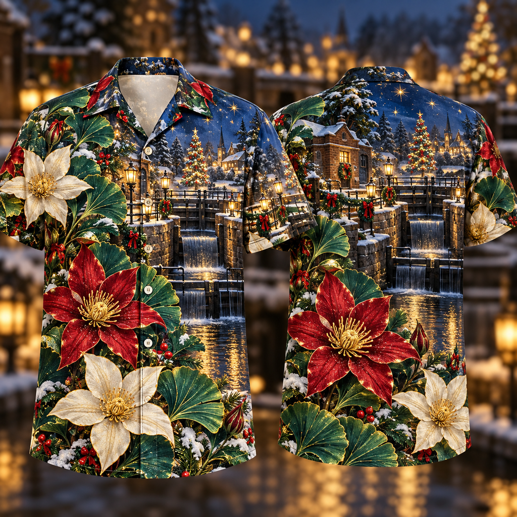 Digital mockup: front and back of one AlohaVero Christmas Ruby Clematis Ivory Star Emerald Ginkgo Sapphire Snowy Canal Lock No Pocket Hawaiian shirt