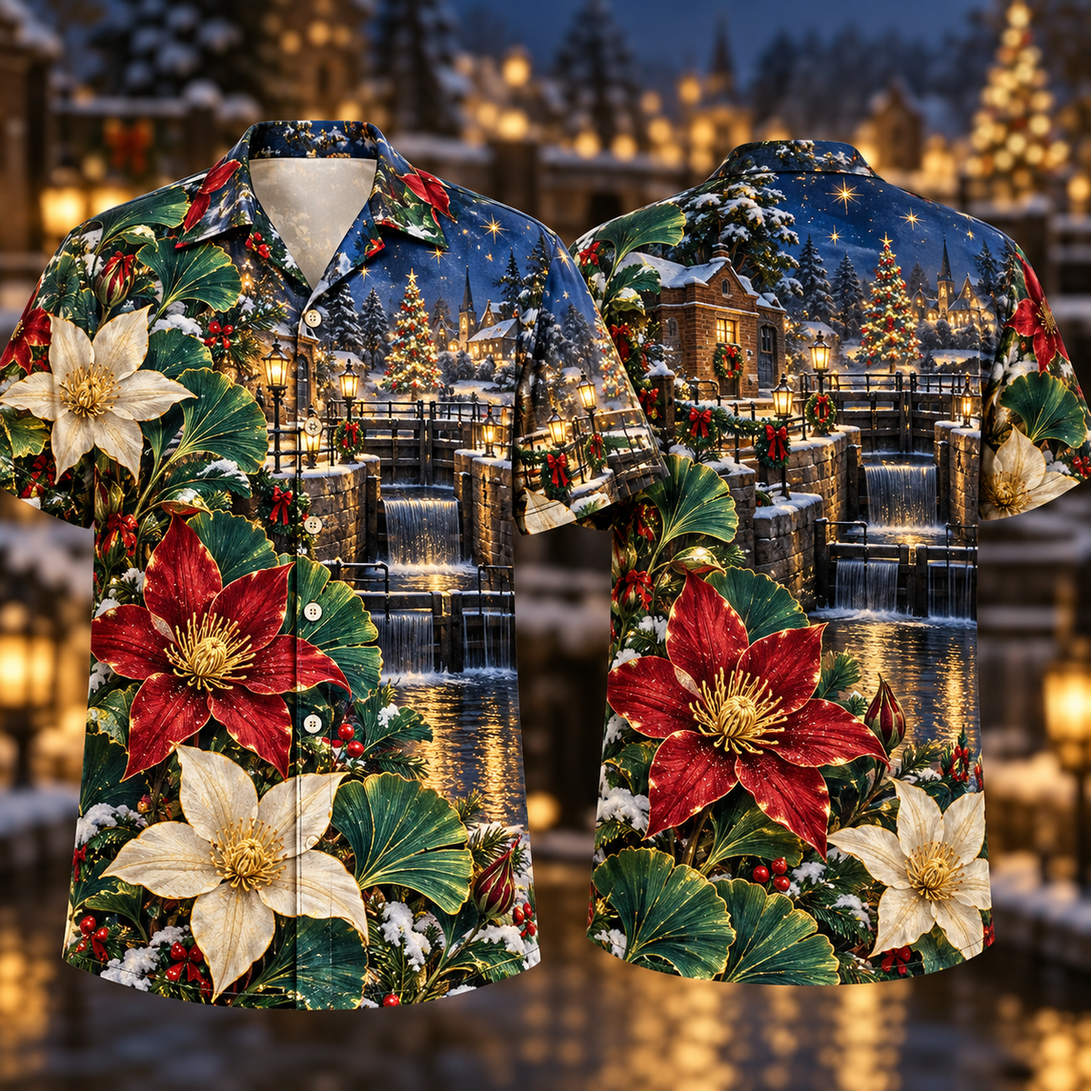 Digital mockup: front and back of one AlohaVero Christmas Ruby Clematis Ivory Star Emerald Ginkgo Sapphire Snowy Canal Lock No Pocket Hawaiian shirt