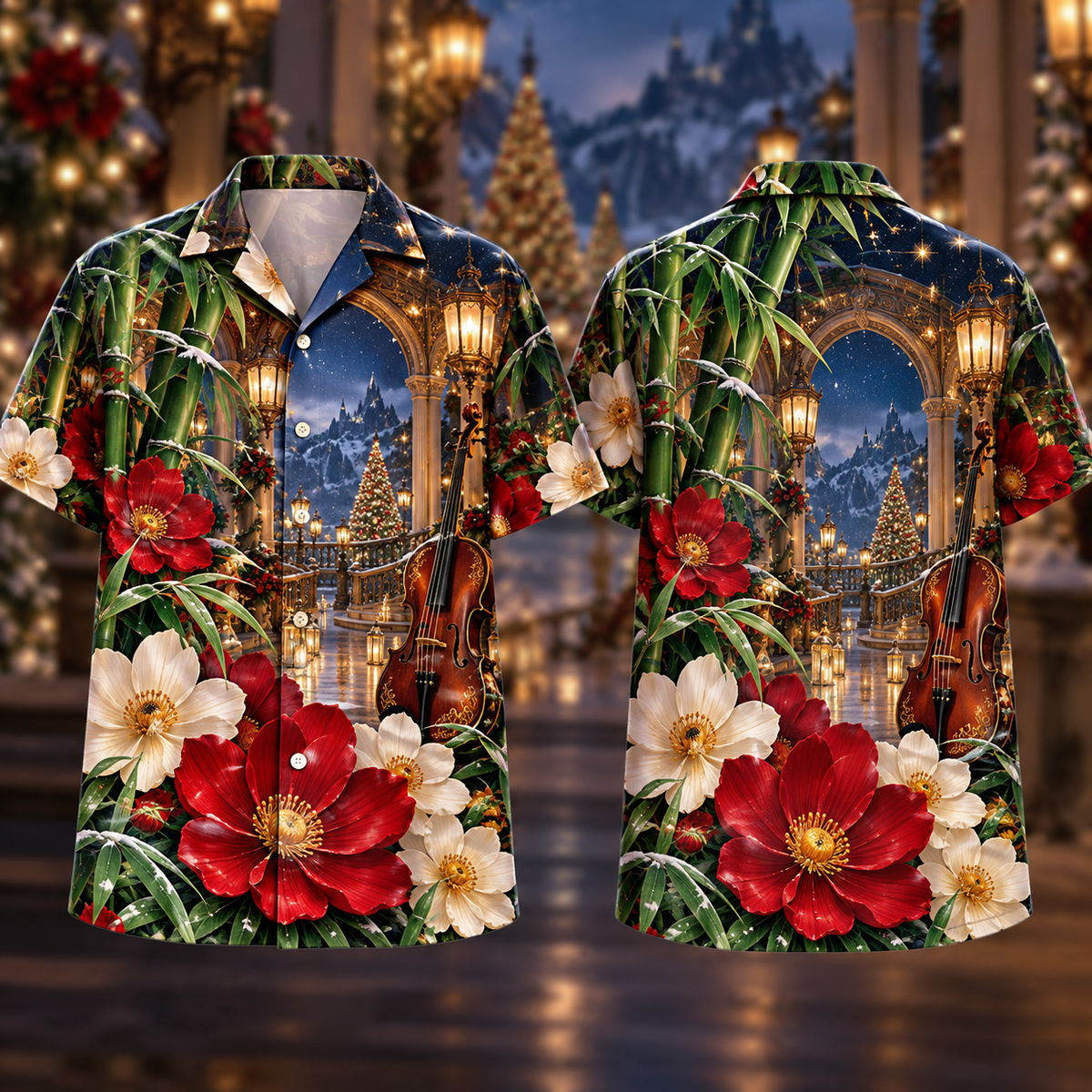 Digital mockup: front and back of one AlohaVero Christmas Ruby Cosmos Ivory Star Emerald Bamboo Sapphire Snowy Lantern Violin Hall No Pocket Hawaiian shirt