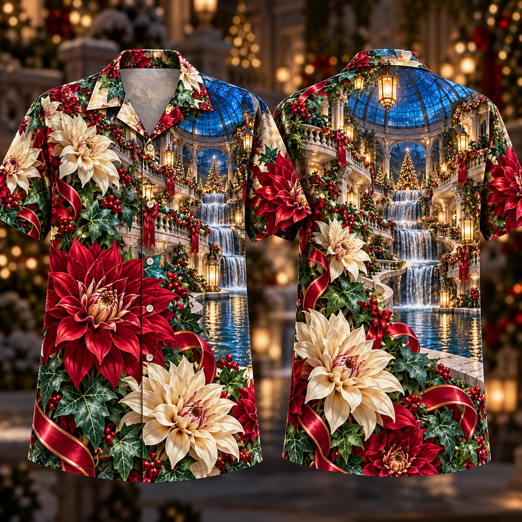 Digital mockup: front and back of one AlohaVero Christmas Ruby Dahlia Ivory Ribbon Emerald Holly Sapphire Lantern Waterfall Crescent Court No Pocket Hawaiian shirt