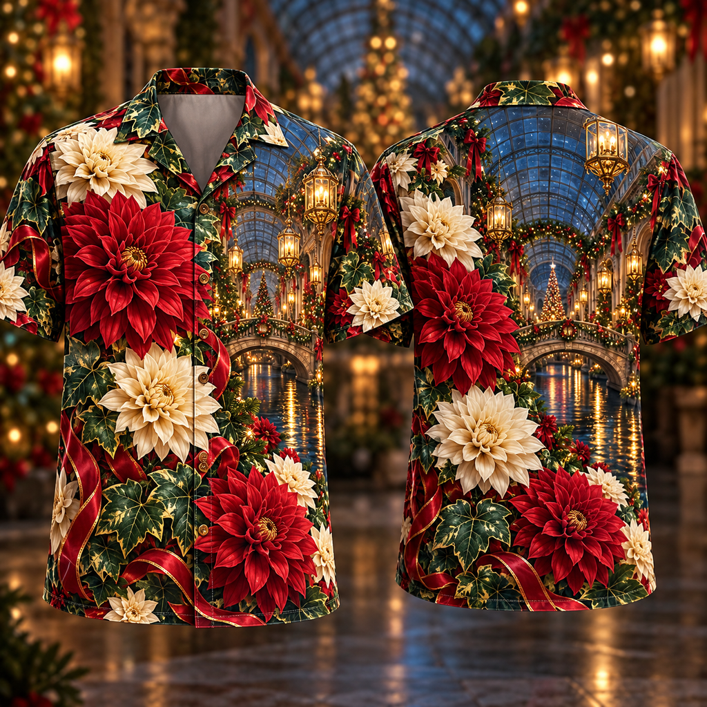 Digital mockup: front and back of one AlohaVero Christmas Ruby Dahlia Ivory Ribbon Emerald Ivy Sapphire Lantern Glass Canal No Pocket Hawaiian shirt