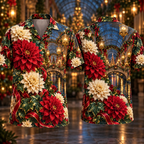 Digital mockup: front and back of one AlohaVero Christmas Ruby Dahlia Ivory Ribbon Emerald Ivy Sapphire Lantern Glass Canal No Pocket Hawaiian shirt