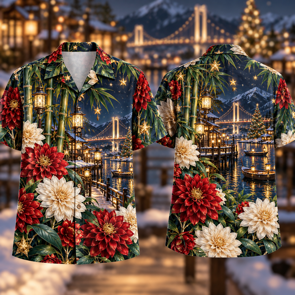 Digital mockup: front and back of one AlohaVero Christmas Ruby Dahlia Ivory Star Emerald Bamboo Sapphire Snowy Lantern Harbor Bridge No Pocket Hawaiian shirt