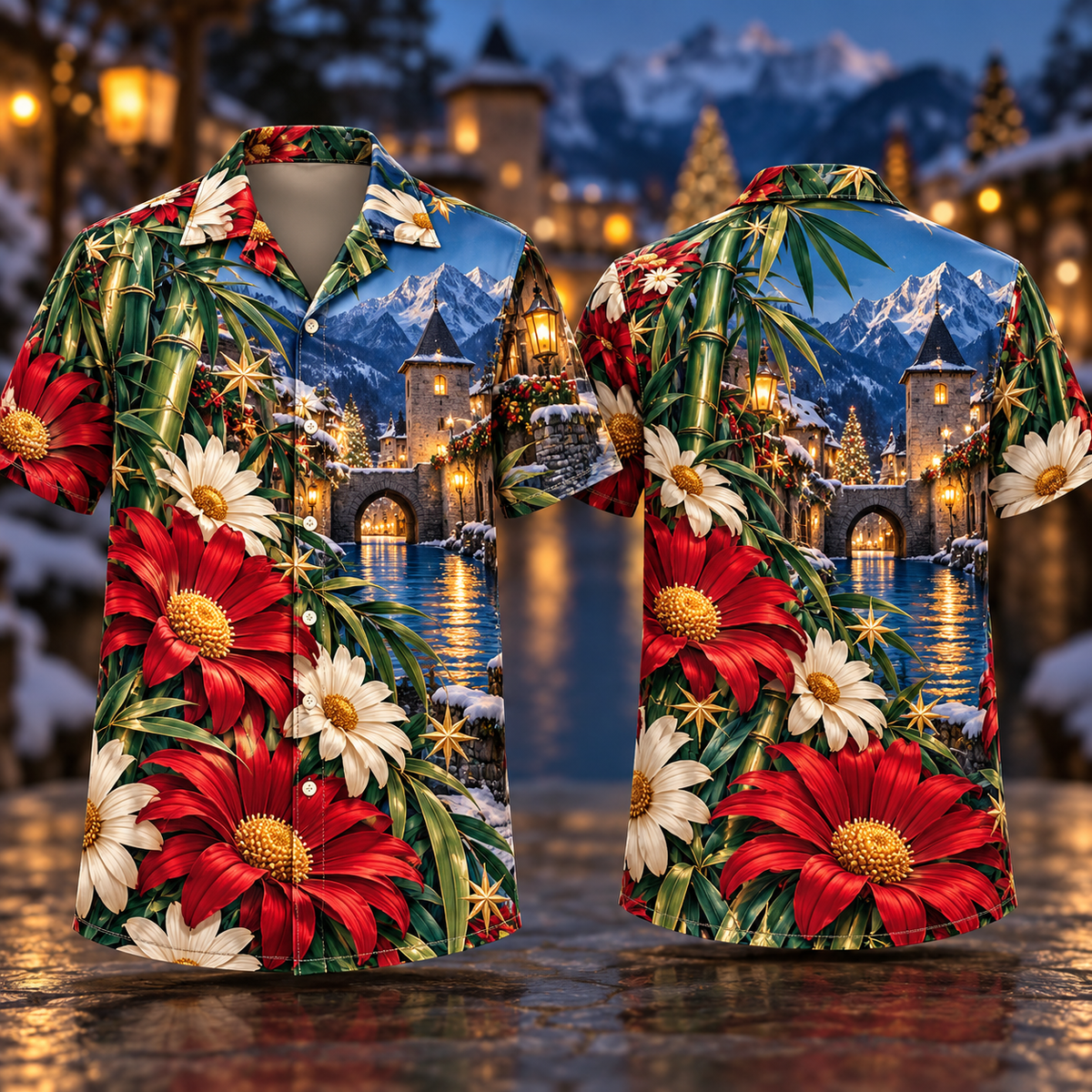 Digital mockup: front and back of one AlohaVero Christmas Ruby Daisy Ivory Star Emerald Bamboo Sapphire Snowy Lantern Alpine Canal Tower No Pocket Hawaiian shirt