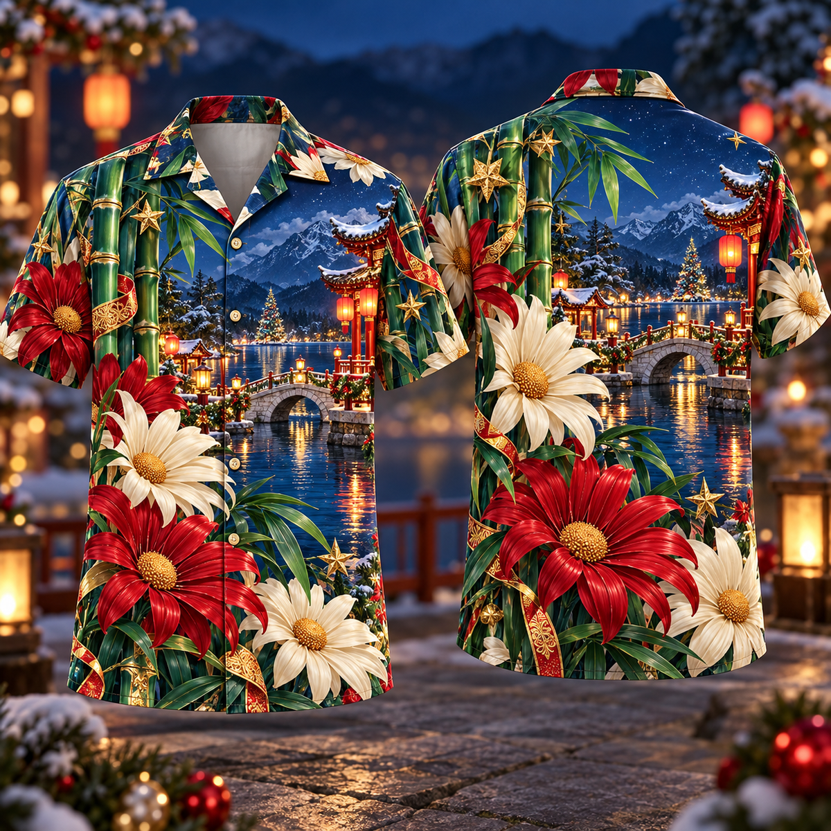 Digital mockup: front and back of one AlohaVero Christmas Ruby Daisy Ivory Star Emerald Bamboo Sapphire Snowy Lantern Lake Pavilion No Pocket Hawaiian shirt