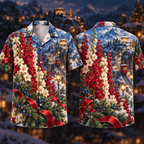 Digital mockup: front and back of one AlohaVero Christmas Ruby Delphinium Ivory Ribbon Emerald Juniper Sapphire Snowy Funicular No Pocket Hawaiian shirt
