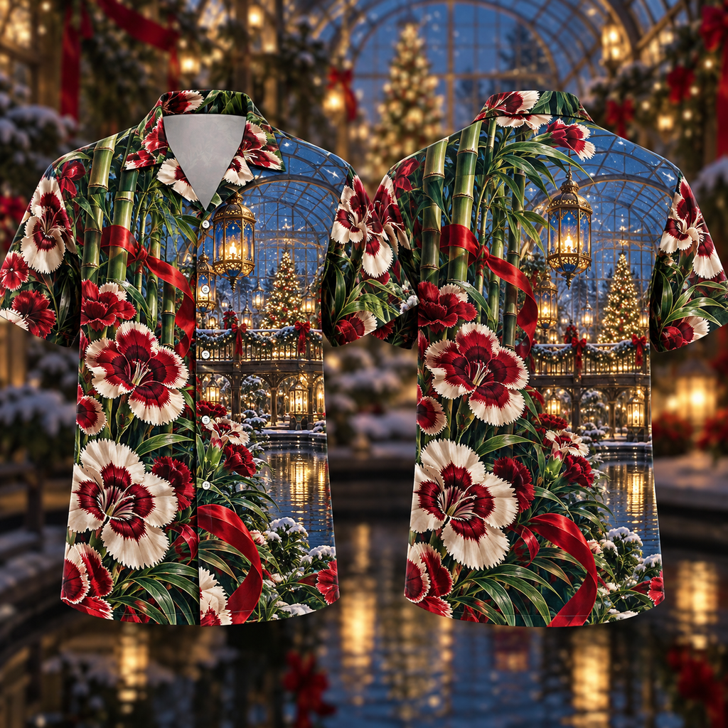 Digital mockup: front and back of one AlohaVero Christmas Ruby Dianthus Ivory Ribbon Emerald Bamboo Sapphire Lantern Greenhouse No Pocket Hawaiian shirt