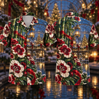 Digital mockup: front and back of one AlohaVero Christmas Ruby Dianthus Ivory Ribbon Emerald Bamboo Sapphire Lantern Greenhouse No Pocket Hawaiian shirt