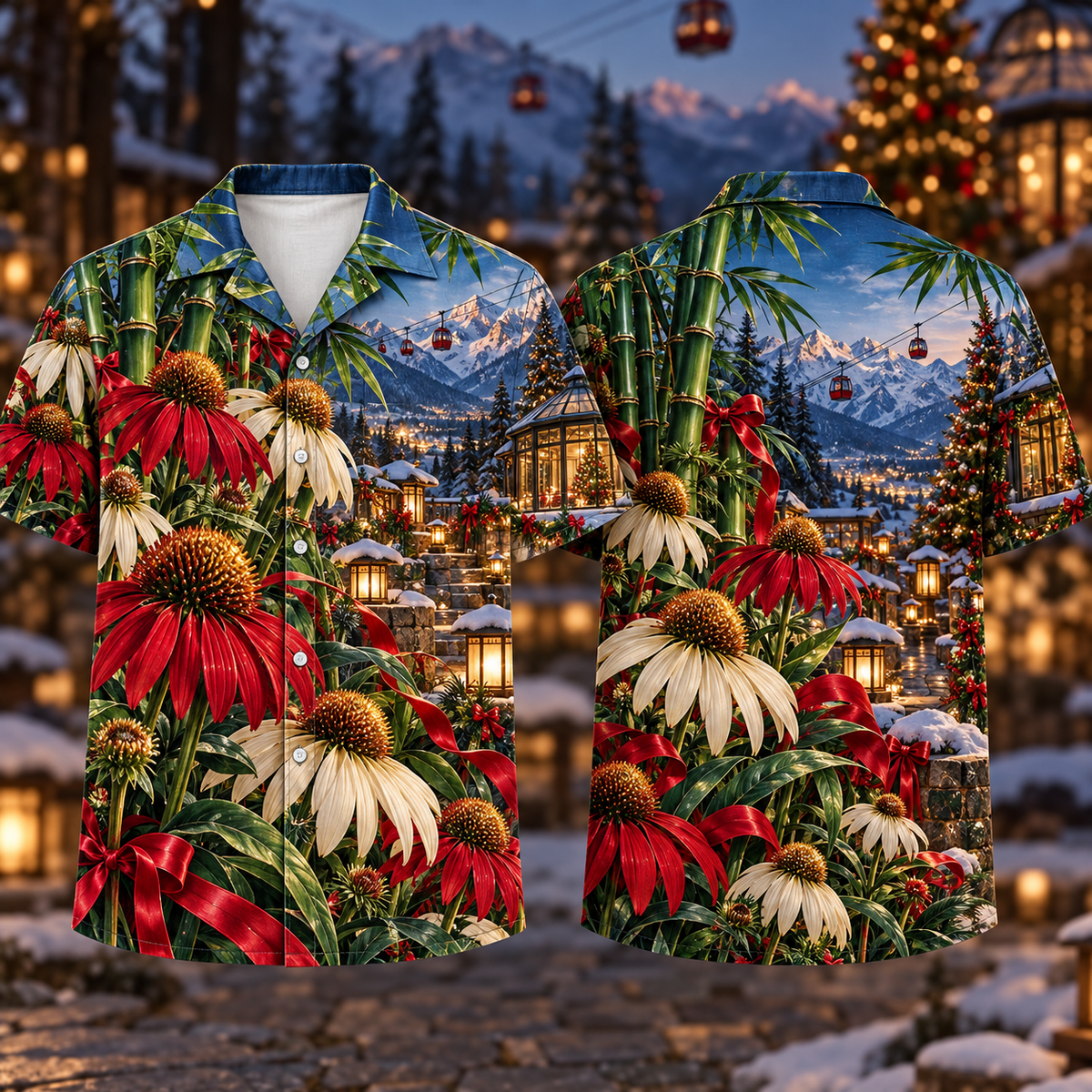Digital mockup: front and back of one AlohaVero Christmas Ruby Echinacea Ivory Ribbon Emerald Bamboo Sapphire Cable Pavilion No Pocket Hawaiian shirt