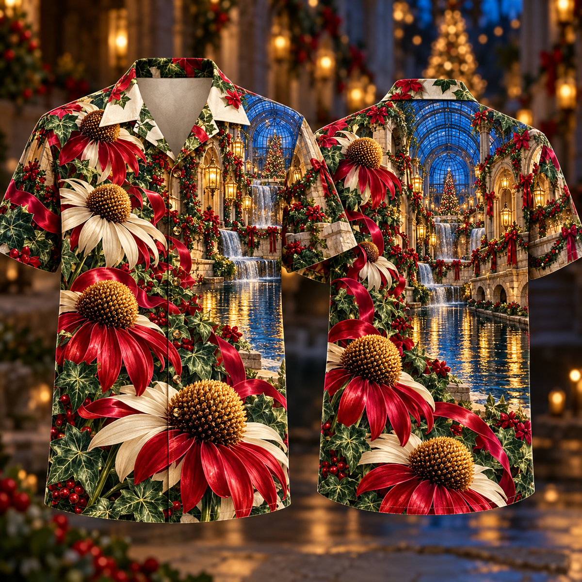 Digital mockup: front and back of one AlohaVero Christmas Ruby Echinacea Ivory Ribbon Emerald Ivy Sapphire Lantern Waterfall Cloister Canal No Pocket Hawaiian shirt