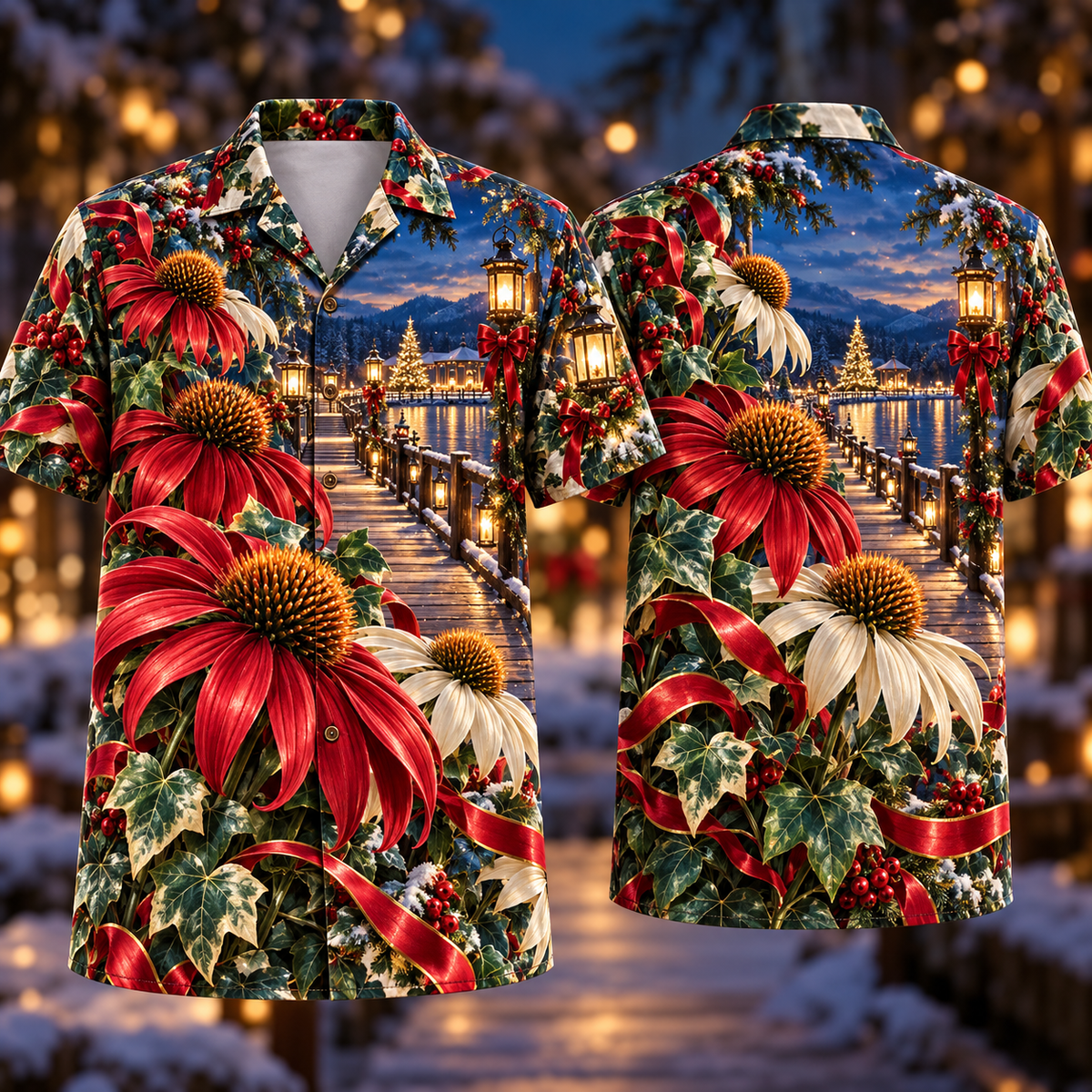 Digital mockup: front and back of one AlohaVero Christmas Ruby Echinacea Ivory Ribbon Emerald Ivy Sapphire Lantern Winter Pier No Pocket Hawaiian shirt