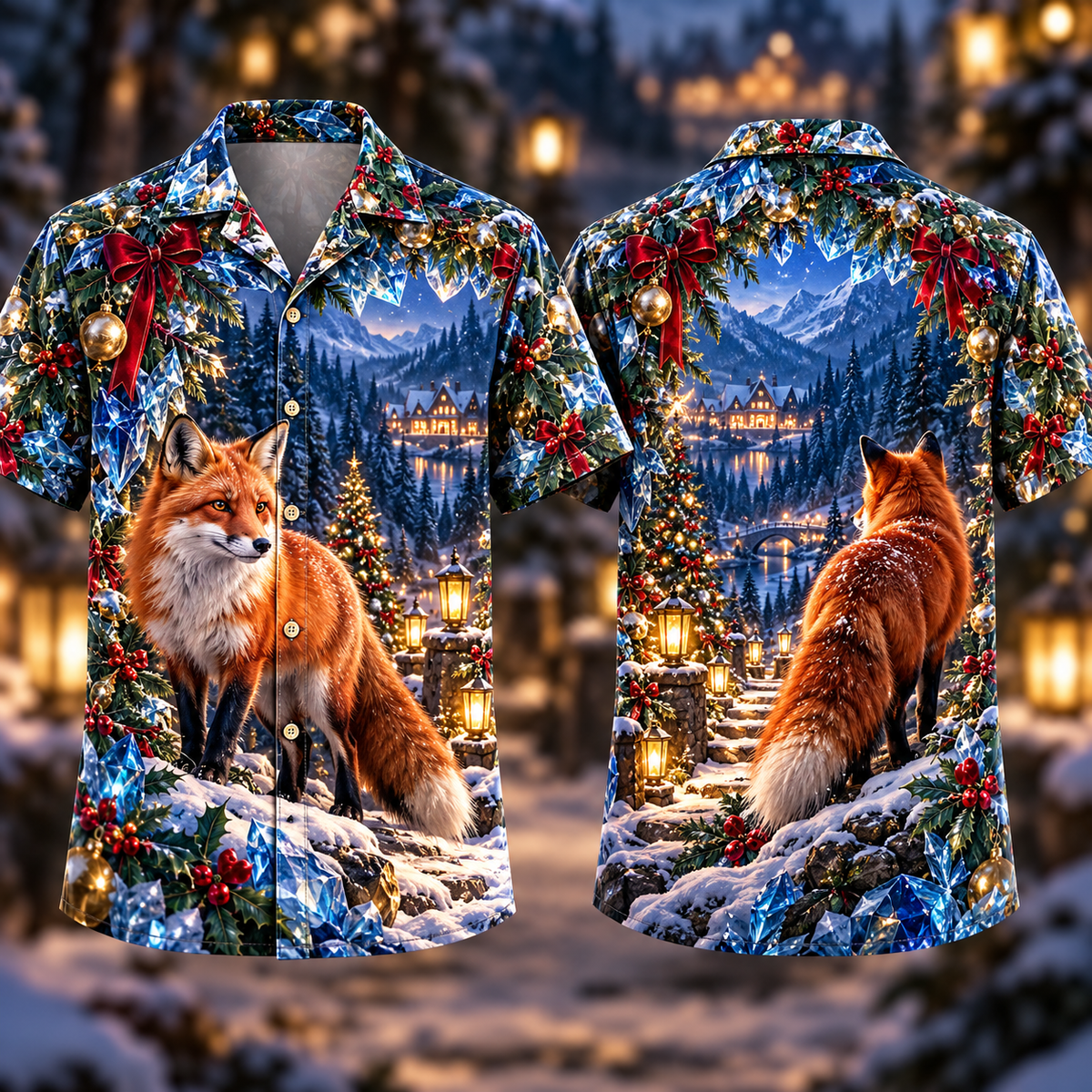 Digital mockup: front and back of one AlohaVero Christmas Ruby Fox Sapphire Crystal Woodland No Pocket Hawaiian shirt