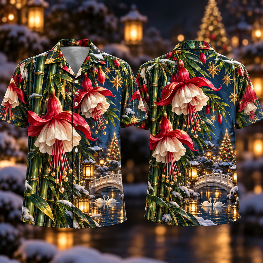 Digital mockup: front and back of one AlohaVero Christmas Ruby Fuchsia Ivory Star Emerald Bamboo Sapphire Snowy Lantern Swan Bridge No Pocket Hawaiian shirt