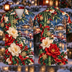 Digital mockup: front and back of one AlohaVero Christmas Ruby Gardenia Ivory Ribbon Emerald Bamboo Sapphire Lantern Snowy Pond Pavilion No Pocket Hawaiian shirt
