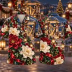 Digital mockup: front and back of one AlohaVero Christmas Ruby Gardenia Ivory Ribbon Emerald Ivy Sapphire Lantern Harp Pavilion No Pocket Hawaiian shirt
