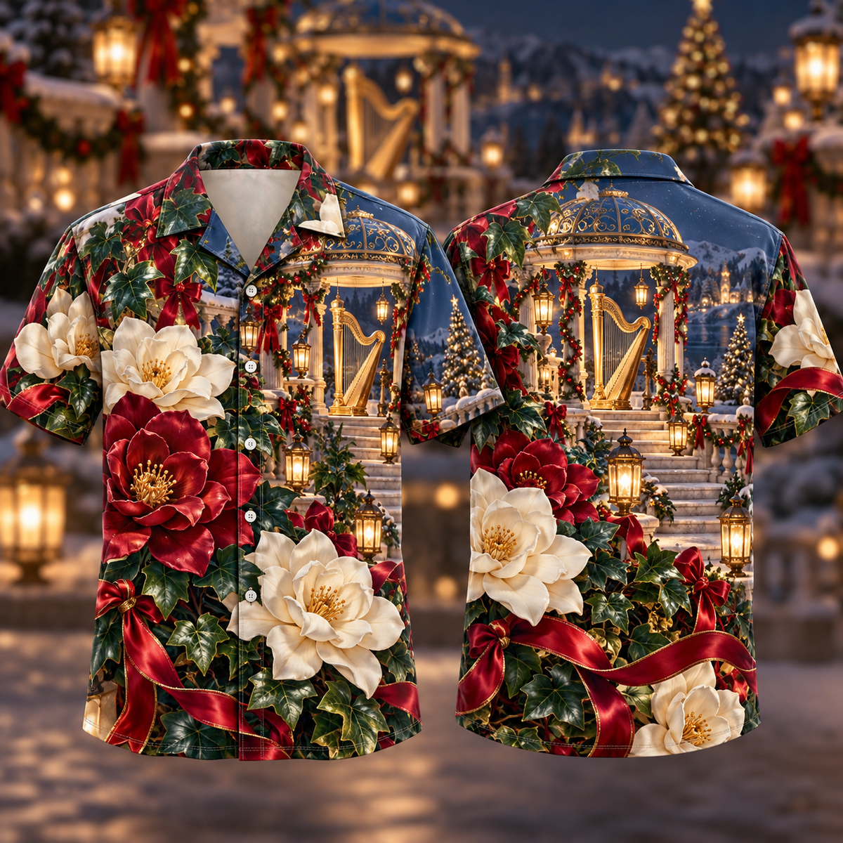 Digital mockup: front and back of one AlohaVero Christmas Ruby Gardenia Ivory Ribbon Emerald Ivy Sapphire Lantern Harp Pavilion No Pocket Hawaiian shirt