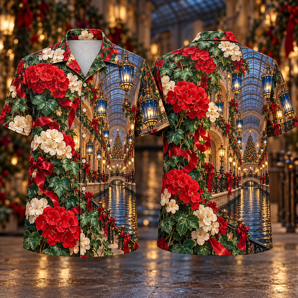 Digital mockup: front and back of one AlohaVero Christmas Ruby Geranium Ivory Ribbon Emerald Ivy Sapphire Lantern Canal Hall No Pocket Hawaiian shirt