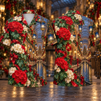 Digital mockup: front and back of one AlohaVero Christmas Ruby Geranium Ivory Ribbon Emerald Ivy Sapphire Lantern Canal Hall No Pocket Hawaiian shirt