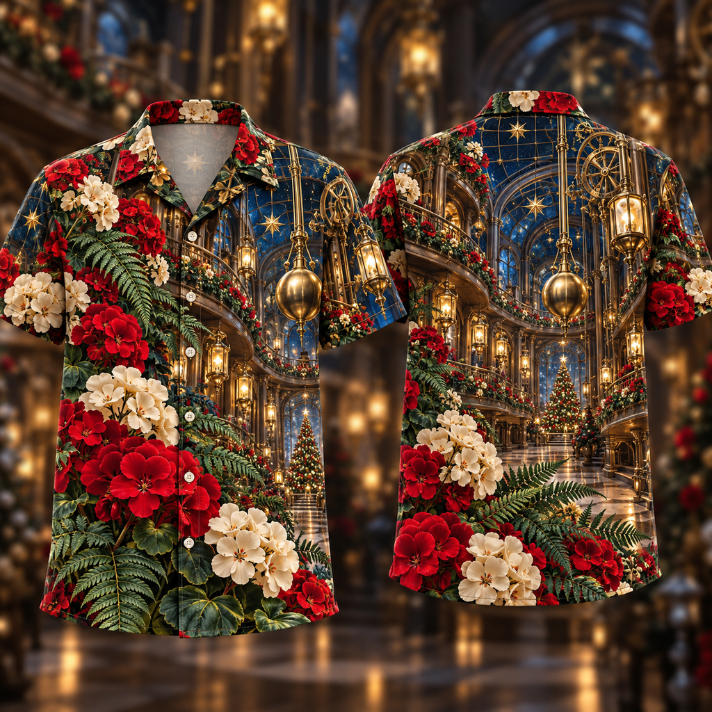 Digital mockup: front and back of one AlohaVero Christmas Ruby Geranium Ivory Star Emerald Fern Sapphire Clockmaker Hall No Pocket Hawaiian shirt