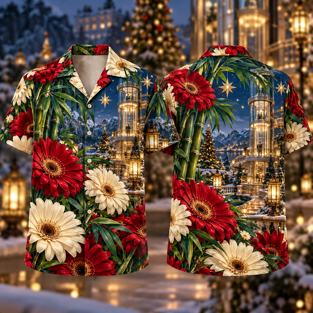 Digital mockup: front and back of one AlohaVero Christmas Ruby Gerbera Ivory Star Emerald Bamboo Sapphire Snowy Glass Elevator No Pocket Hawaiian shirt