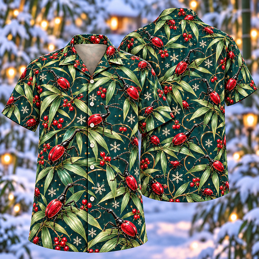 Digital mockup: front and back of one AlohaVero Christmas Ruby Giraffe Weevil Bamboo Aloha No Pocket Hawaiian shirt