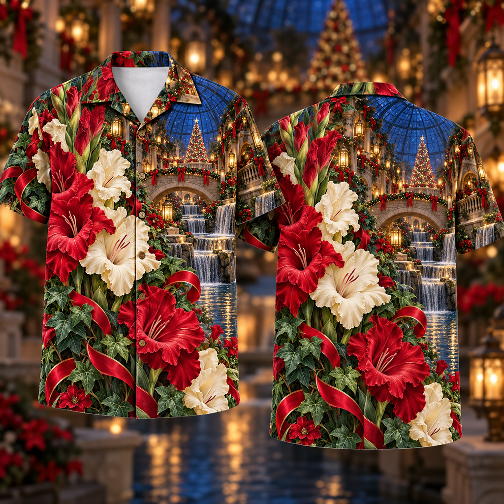 Digital mockup: front and back of one AlohaVero Christmas Ruby Gladiolus Ivory Ribbon Emerald Ivy Sapphire Lantern Domed Waterfall Canal No Pocket Hawaiian shirt