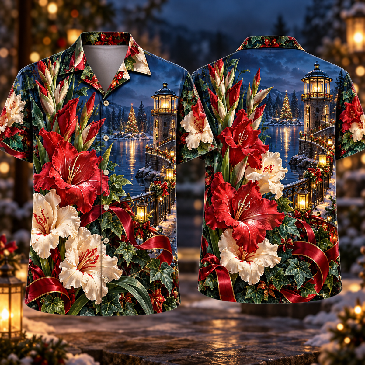 Digital mockup: front and back of one AlohaVero Christmas Ruby Gladiolus Ivory Ribbon Emerald Ivy Sapphire Lantern Lake Tower No Pocket Hawaiian shirt