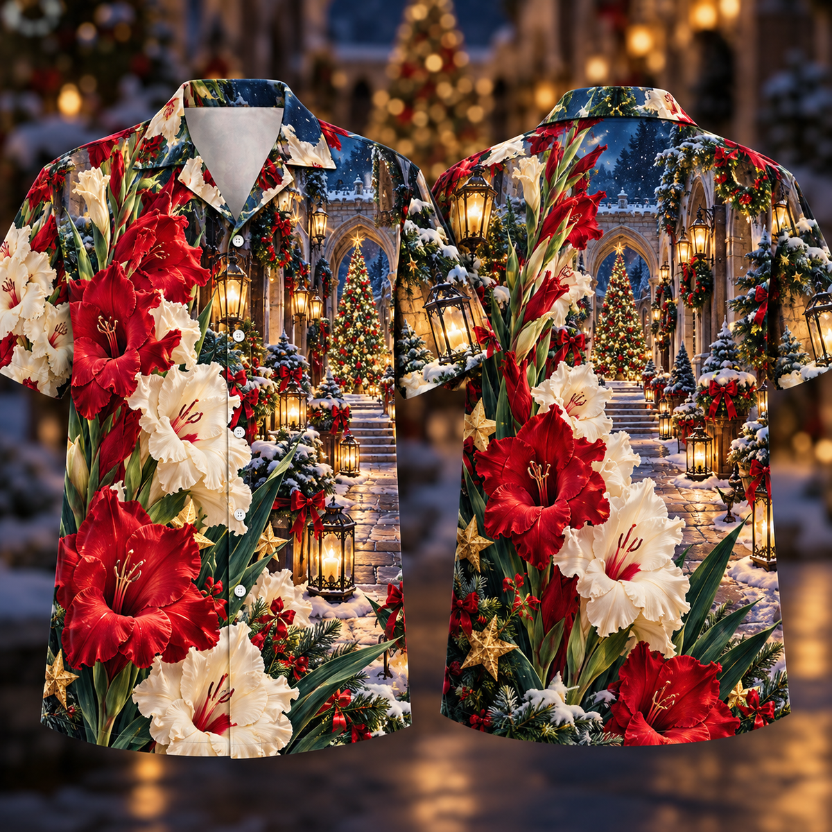 Digital mockup: front and back of one AlohaVero Christmas Ruby Gladiolus Ivory Star Sapphire Lantern Snowy Courtyard No Pocket Hawaiian shirt