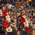 Digital mockup: front and back of one AlohaVero Christmas Ruby Gladiolus Ivory Star Sapphire Lantern Snowy Courtyard No Pocket Hawaiian shirt