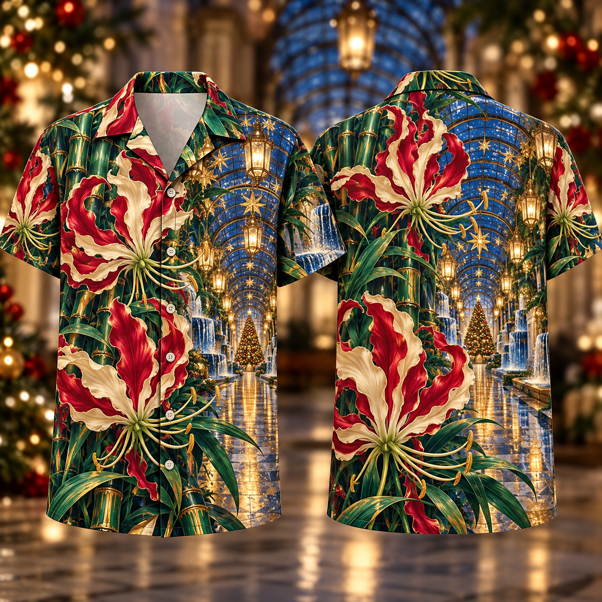 Digital mockup: front and back of one AlohaVero Christmas Ruby Gloriosa Ivory Star Emerald Bamboo Sapphire Lantern Fountain Gallery No Pocket Hawaiian shirt